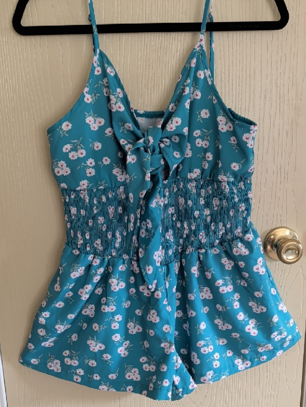Shein Peek-a-Boo Tie-Front Romper - Teal/Daisy Floral - Size L